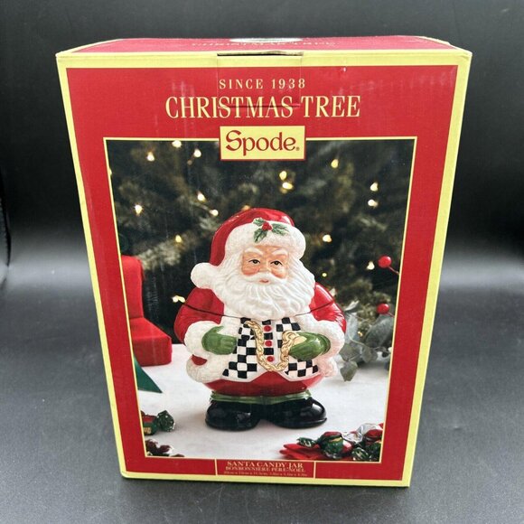 Spode Christmas Tree Black and White Santa Candy Jar, Ceramic Christmas 8-Inch - Picture 1 of 3
